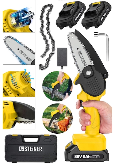 Steiner 88V 5Ah Çift Akülü Çantalı Dal Kesme Budama Testeresi Bıçkı Makinesi Sarı + Zincir
