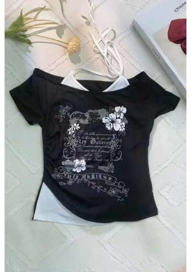 Siyah Nuit Magique Madonna Yaka Ek Askılı Y2k Kısa Kollu Full Body Crop-18335 Siyah