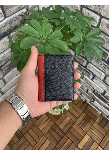 Asyaclub Hakiki Deri Erkek Siyah/Kırmızı Mini Cüzdan Siyah