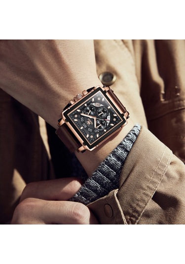 Olevs 9919 Erkekler İçin Kare Kadranlı Kronograf Aydınlık Kuvars Saat Kahverengi Deri Gül Kabuğu Siyah Yüzey