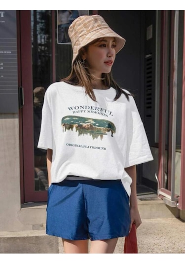 Kadin Beyaz Oversize Wonderful Baskılı T-shirt Beyaz