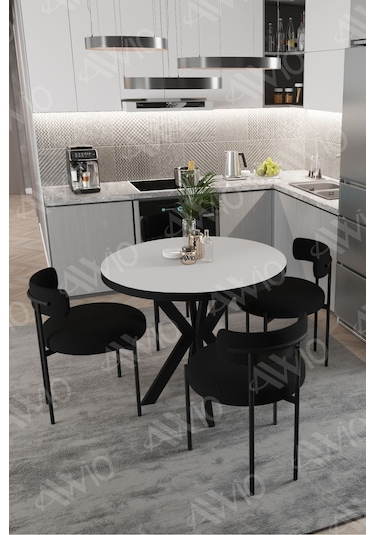 Avvio Larissa Teddy Sandalye 90x90 Yuvarlak Yemek Masası Mutfak Masası 4 Kişilik Masa Sandalye Takımı Düz Beyaz