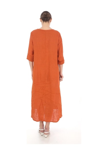 İtalyan V Yaka Uzun Kol Keten Elbise-8907 Kiremit