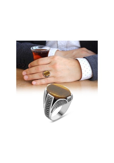 Kaplangözü Taşlı Örgü Tasarım 925 Ayar Gümüş Erkek Yüzük (393420419)
