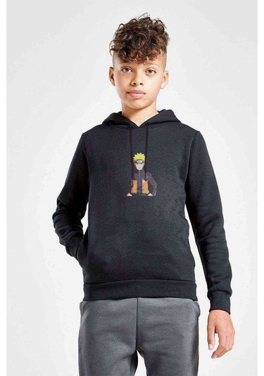 Anime Naruto Baskılı Unisex Çocuk Kapüşonlu Siyah Sweatshirt (528697013) Siyah