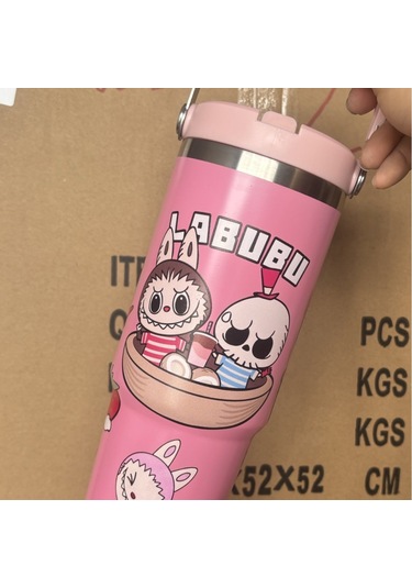 Labubu Desen 304 Paslanmaz Çelik Yalıtımlı Bardak Termos Pembe