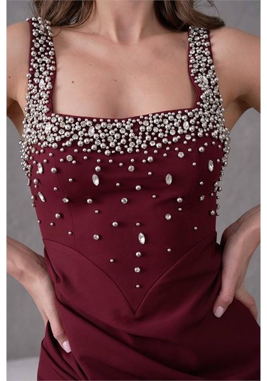 Dipmoda Kadın Taş Detaylı Askılı Uzun Abiye Elbise Dpnbs9367 Bordo