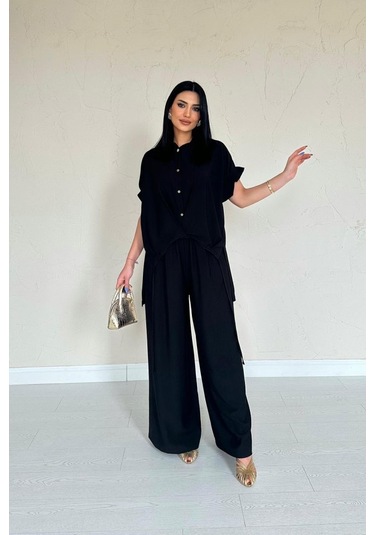 Gülsüm Aydın Siyah Önü Pileli İkili Keten Takım Siyah