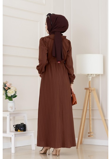 Yakası Güpür Nova Elbise-kahverengi-5028 Kahverengi