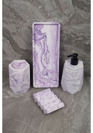 4 Parça Mor Mermer Desenli Beton Banyo Seti Diş Fırçalığı Sıvı Katı Sabunluk Tepsi Lila
