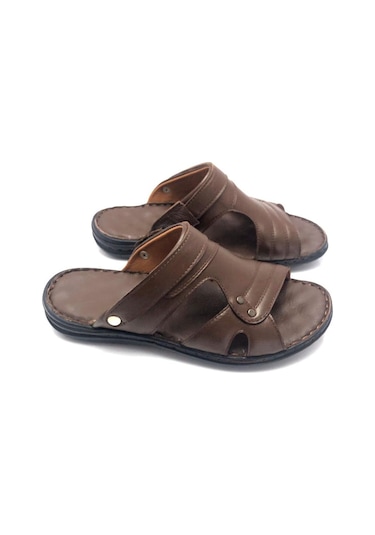 Derilax Hakiki Deri Tam Ortopedik Büyük Numara Erkek Terlik Kahverengi