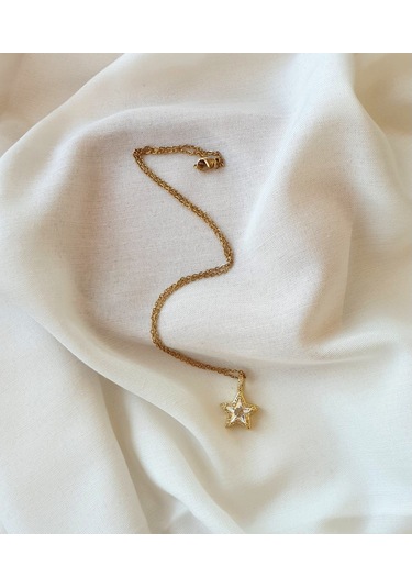 Yıldız Altın Kaplama Zirkon Taşlı Kolye Beyaz