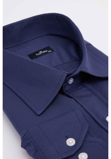 Tudors Büyük Beden Uzun Kollu Kolay Ütü Kravatlık Armürlü Pamuklu Lacivert Erkek Gömlek-30025-lacivert
