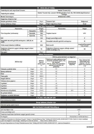 Vestel NFK52102 E WIFI 472 LT No-Frost Kombi Tipi Buzdolabı