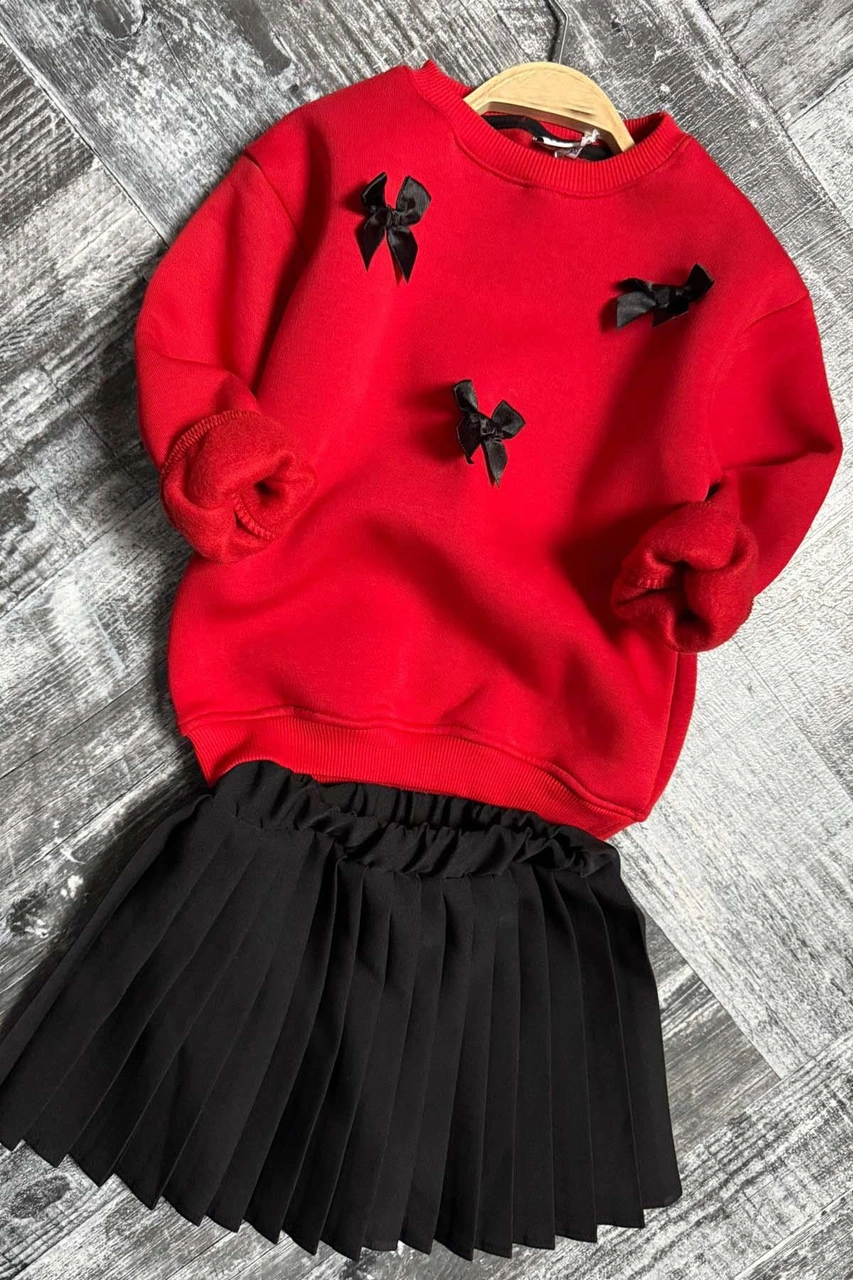Riccotarz Kız Çocuk Kurdela Detaylı 3 İplik Kazak Pileli Siyah Etekli Takım Siyah