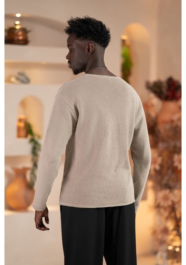 Regular Fit Likralı Kendinden Çizgili Mevsimlik Spor Kazak Vizon