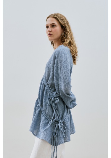 Büzgü Bağlamalı Dokulu Tunik Mavi Mavi