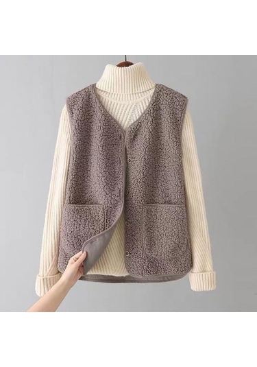 Kahve Kadın Güz Kış Yelek Ceket Düz Renk V Boyun Kolsuz Düğme Kapatma V Boyun Yumuşak Sıcak Cepler Hırka Bayan Yelek