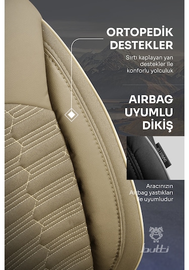 Bej - Bej Butti Libro Serisi Premium Oto Koltuk Kılıfı Destekli, Ön Arka Tam Set, Aırbag Uyumlu