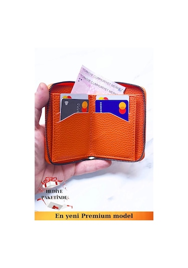 Unisex Vegan Deri Fermuarlı Turuncu Cüzdan Kartlık Ve Portföy Hediye Paketinde Turuncu