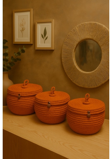 Safari 3'lü Kapaklı Bombeli Hasır Görünümlü Jüt Sepet Turuncu