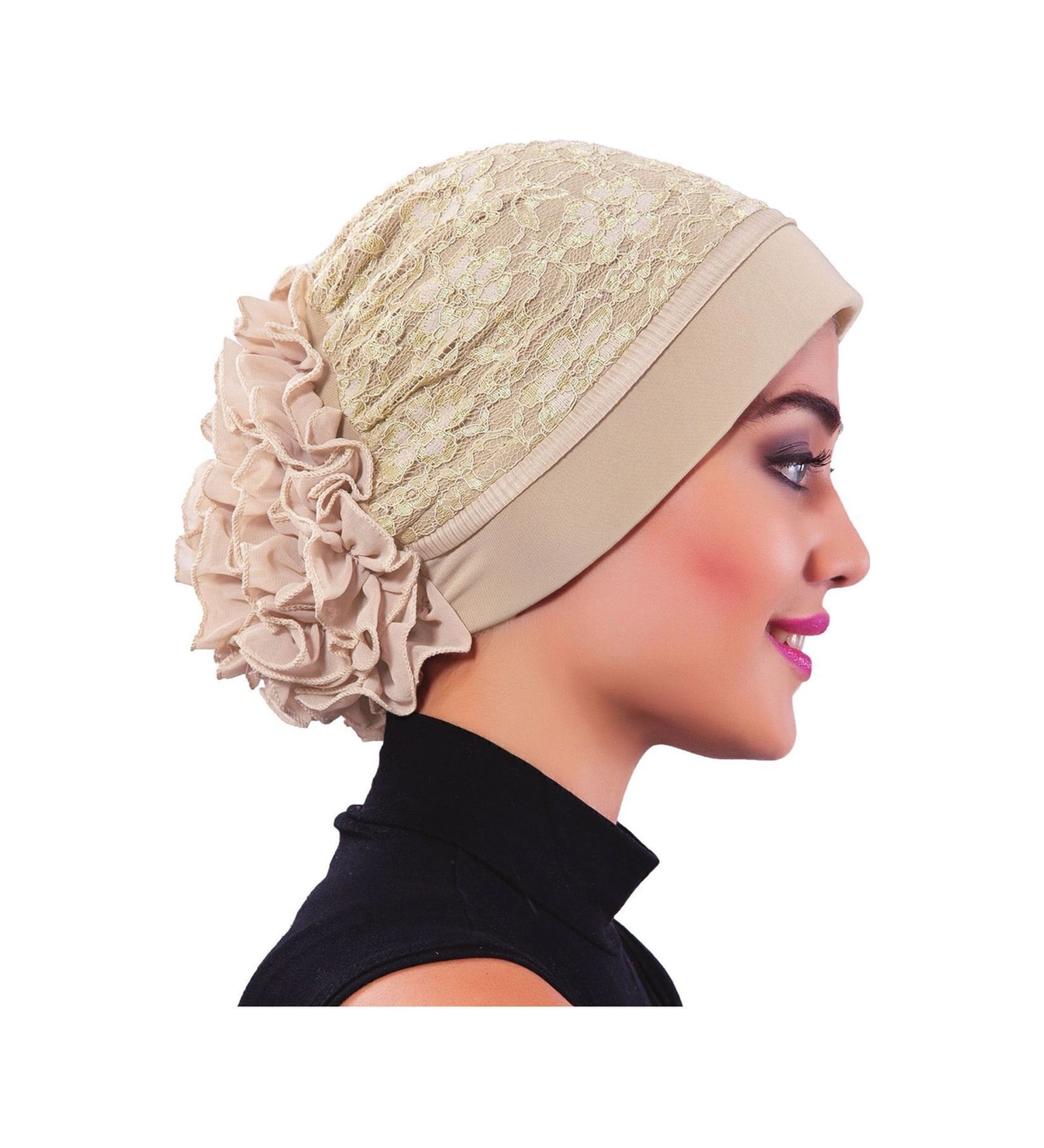 Kordoneli Arkası Fırfırlı Önü Plise Biyeli Bej Hazır Türban Tesettür Bone Bej