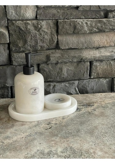 Beyaz Mermer Sıvı Sabunluk, Oval Tepsi. Katı Sabunluk 3'lü Set Siyah Aksesuarlı Beyaz