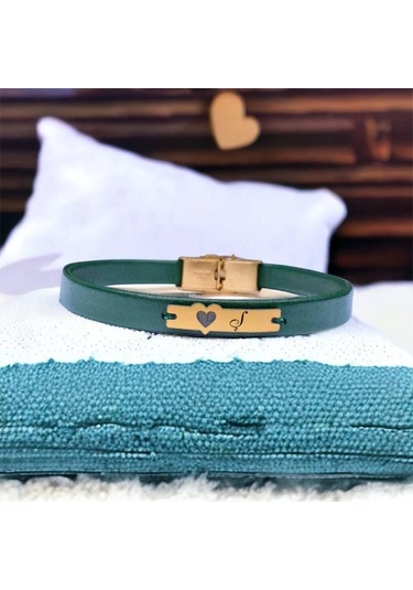 Archin Ş Harfine Özel Hakiki Yeşil Derili Kalp Figürlü 14 Ayar Altın Plakalı Hediye Bileklik-573harf Ş