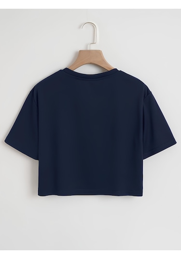 Kadın Oversize Bisiklet Yaka Düz Crop T-shirt - Lacivert
