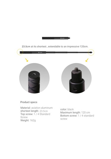 Springsun Insta360 Uçak Alüminyum Gizli Selfie Çubuğu - One X/x2, One/one R, Evo Uyumlu, 23.5-120cm Uzunluk Aralığı