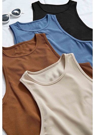 Merry See 4'lü Paket 4 Renk Takım Kadın Kolsuz Örme Kumaş Bluz Crop Çok Renkli