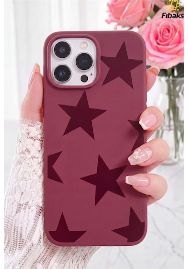 Fibaks iPhone 14 Pro Max Uyumlu Kılıf Bordo Yıldız Star Desenli Silikon Darbe Emici Klasik Silikon Kapak