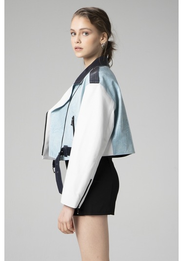 Dericlub H.quınn Crop Biker Kadın Deri Mont Mavi