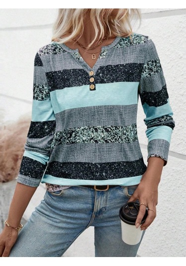 Tua Moda Kadın Uzun Kollu Yakadan Düğmeli Çizgili Desenli Süprem Bluz Mavi