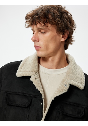 Koton Süet Görünümlü Ceket Slim Fit Peluş Detaylı Gömlek Yaka Siyah 5wam20075hw Siyah