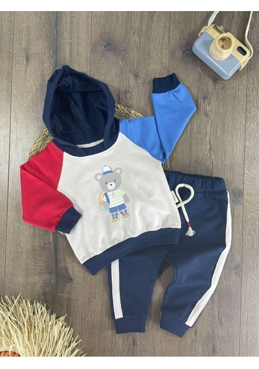 Teddy Ayıcık Baskılı Kapüşonlu Renkli Kol Detaylı Erkek Bebek Takım Açık Lacivert