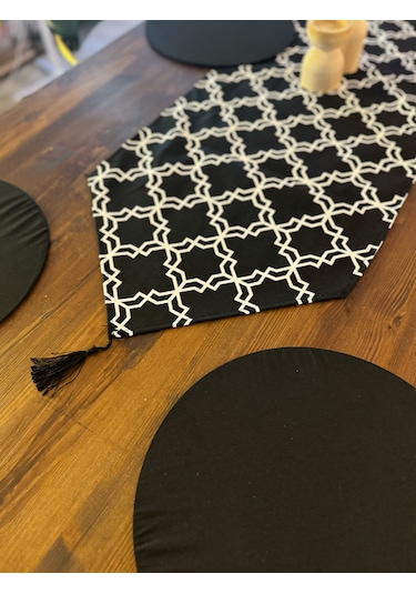 Siyah Desenli Runner Masa Örtüsü Dekoratif Supla Set 6130