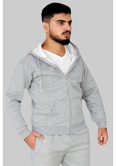 Gri 3 Iplik Fermuarlı Kapşonlu Sweatshirt Gri