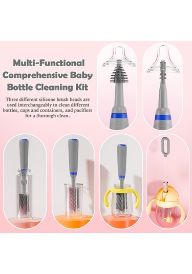 Jeehugo Otomatik Silikon Biberon Fırçası Seti Gri - 7 Parça, 2 Hızlı Temizleme, Ipx65 Su Geçirmez, Yeniden Şarj Edilebilir Pil