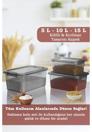 3'lü Organizer Box 5-10-15l Saklama Kabı - Çok Amaçlı Düzenleyici Kilit Kapak Derin Saklama Kutusu Siyah