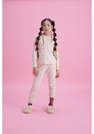 Luess Kız Çocuk Termal Soft Pembe Kalpli Pijama Takımı-Pembe