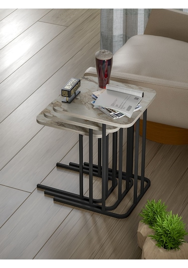 Zigon Sehpa Metal Ayak 3'lü Koltuk Yan Sehpa Zino Efes Ekru