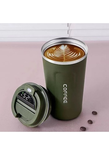 Dijital Isı Göstergeli Paslanmaz Çelik Termos Kupa Sıcak & Soğuk İçecek Mug Yeşil