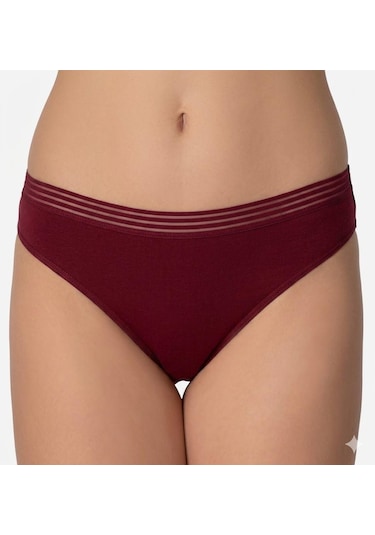 İmer Bayan Modal İnce Tül Çizgili Lastik Slip Bikini Külot 4275 Bordo