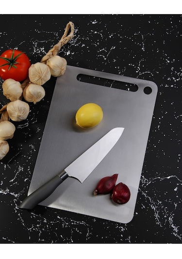 Lüx 34x24 Cm Paslanmaz Çelik Silikonlu Kesim Panosu Metalik