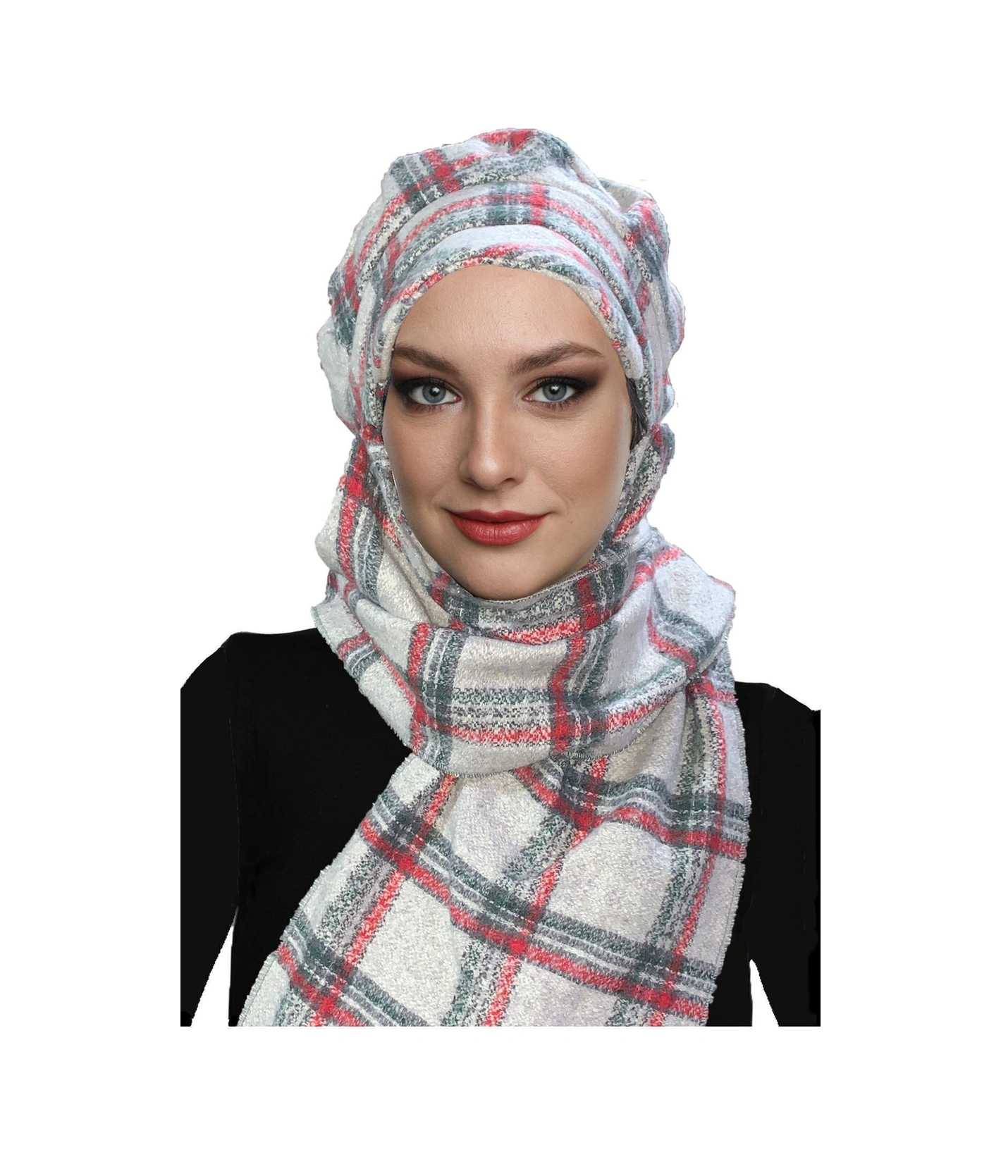 Yün Kasket Şapka Atkılı Ekose Desenli Gri-bordo-füme Hazır Türban Tesettür Bone Bere Gri-bordo-füme