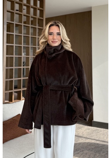 Acı Kahve Yaka Düğmeli Kuşaklı Peluş Ceket - 1624 Acı Kahve