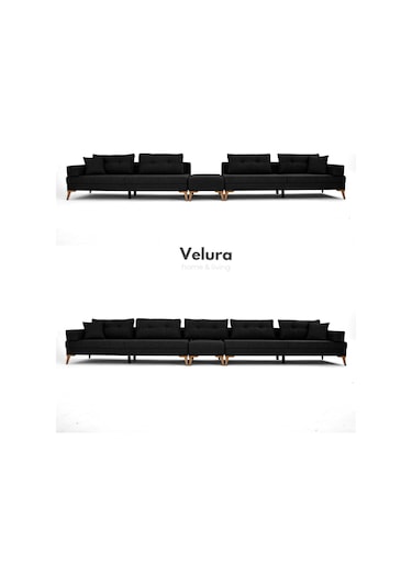 Zeri 3+3+3 Yataklı Puzzle Modüler U Köşe Koltuk Takımı & Puflu Köşe Takımı - Siyah 111 Siyah