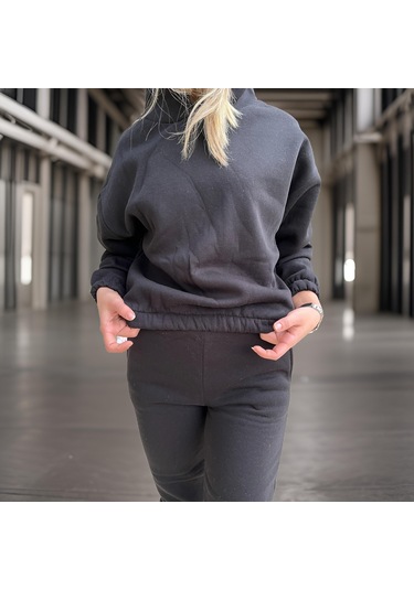 Ceyss Design Oversize İki İplik Şardonlu Beli Lastikli Kadın Eşofman Takımı-siyah Siyah