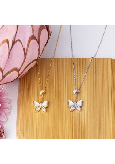 Kelebek Sedef Zirkon Taşlı Model 925 Ayar Gümüş Kadın Kolye Gümüş